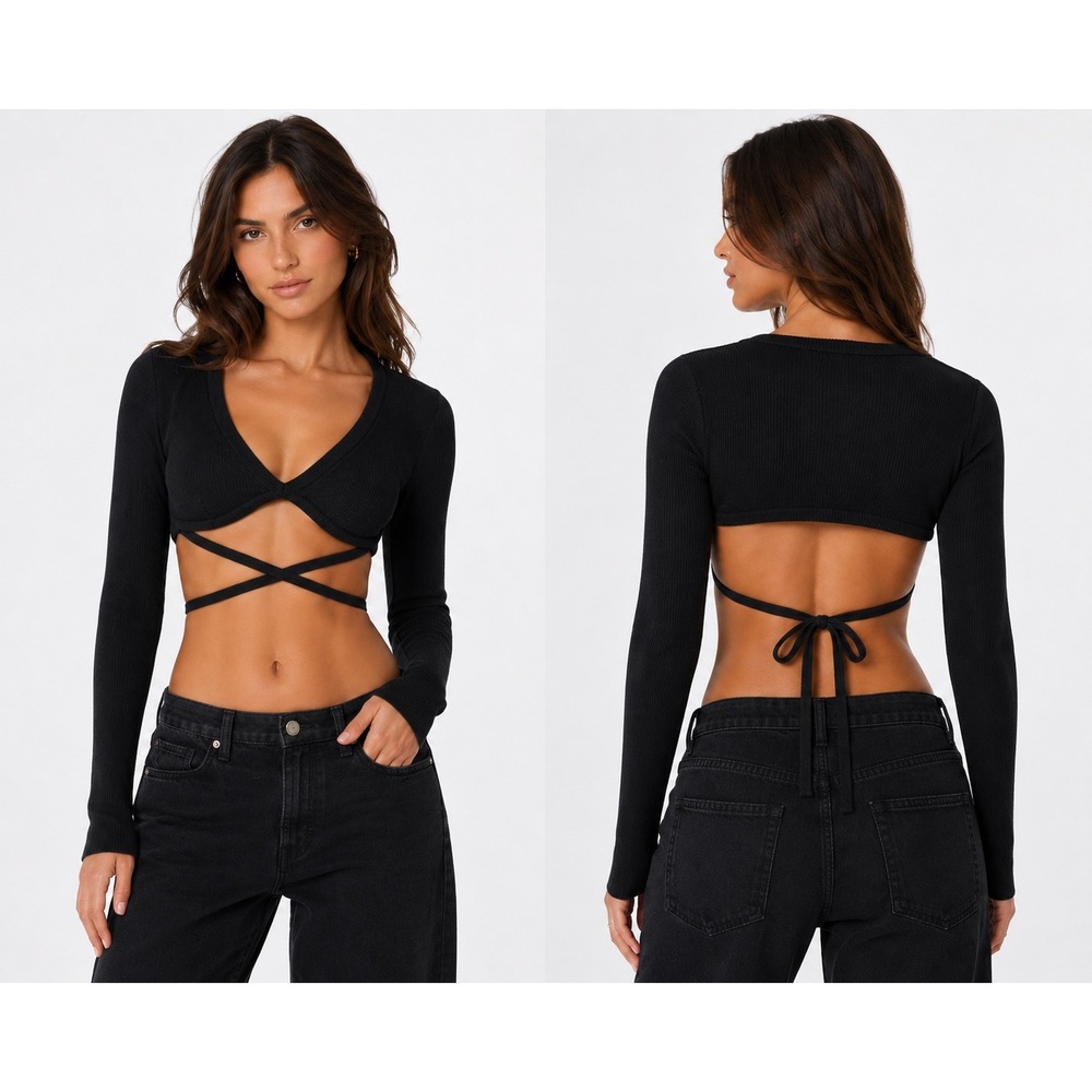 For Love & Lemons Black Ribbed Underwire Crop Top Long Sleeve Wrap Tie Small